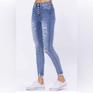 Judy Blue Hi-Rise Skinny Fit Destroyed Button-Fly Jeans